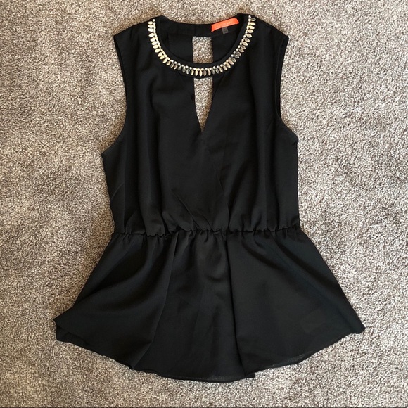 Black V Neck Top with Crystal Collar